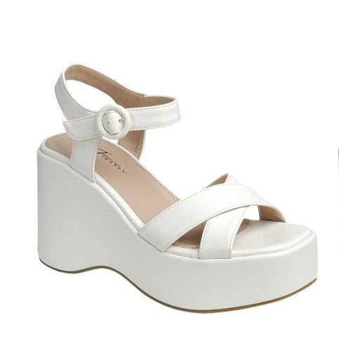 LUNA-09 WHITE FAUX LEATHER PLATFORM WEDGE SANDAL