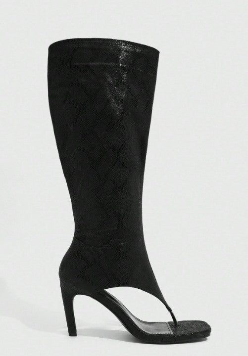 LYNETTE BLACK SHINY FAUX SNAKE EMBOSSED KNEE HIGH SPLIT TOE THONG BOOT