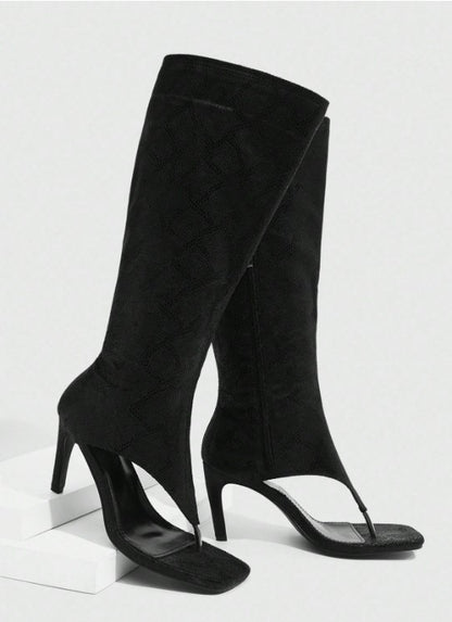 LYNETTE BLACK SHINY FAUX SNAKE EMBOSSED KNEE HIGH SPLIT TOE THONG BOOT