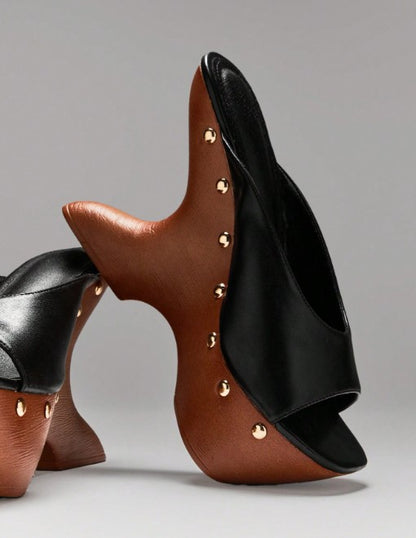MACI BLACK FAUX LEATHER PLATFORM MULE SLIP ON SANDAL WITH SCULPTED PLATFORM CUT OUT  WOOD LOOK WEDGE BASE