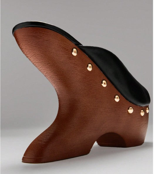 MACI BLACK FAUX LEATHER PLATFORM MULE SLIP ON SANDAL WITH SCULPTED PLATFORM CUT OUT  WOOD LOOK WEDGE BASE