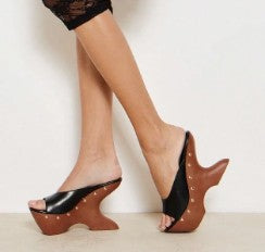 MACI BLACK FAUX LEATHER PLATFORM MULE SLIP ON SANDAL WITH SCULPTED PLATFORM CUT OUT  WOOD LOOK WEDGE BASE