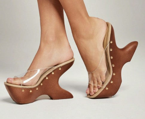 MACI CLEAR PLATFORM MULE SLIP ON SANDAL WITH SCULPTED PLATFORM CUT OUT  WOOD LOOK WEDGE BASE