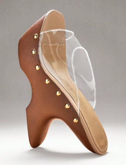 MACI CLEAR PLATFORM MULE SLIP ON SANDAL WITH SCULPTED PLATFORM CUT OUT  WOOD LOOK WEDGE BASE
