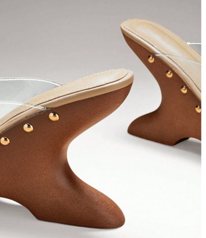 MACI CLEAR PLATFORM MULE SLIP ON SANDAL WITH SCULPTED PLATFORM CUT OUT  WOOD LOOK WEDGE BASE