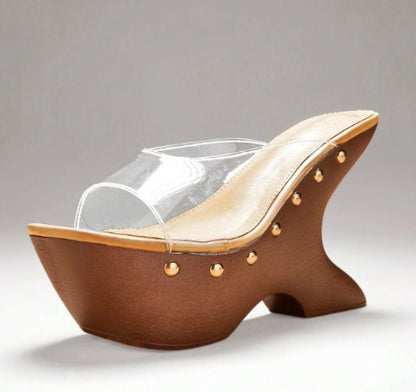 MACI CLEAR PLATFORM MULE SLIP ON SANDAL WITH SCULPTED PLATFORM CUT OUT  WOOD LOOK WEDGE BASE