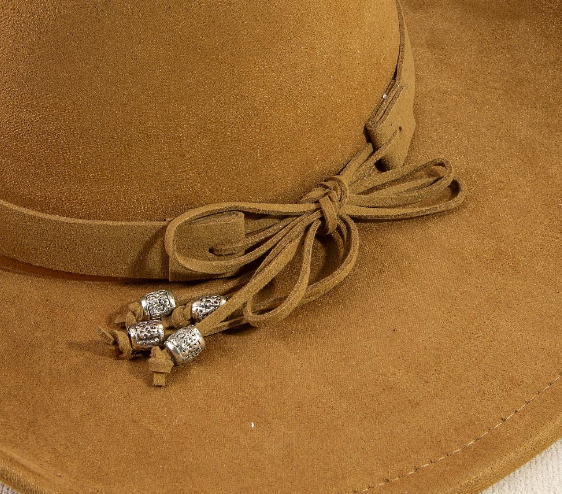 MESQUITE TAN FAUX SUEDE COWBOY HAT WITH MATTCHING BAND EMBELISHED WITH BURNISHED SILVER BROOCHES INSET WITH TURQUOISE STONES