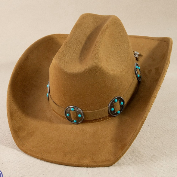 MESQUITE TAN FAUX SUEDE COWBOY HAT WITH MATTCHING BAND EMBELISHED WITH BURNISHED SILVER BROOCHES INSET WITH TURQUOISE STONES