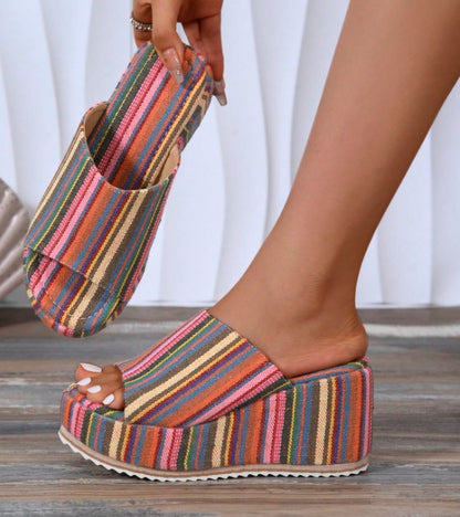 MERIDA STRIPED COLORFUL OPEN TOE PLATFORM FLATFORM WEDGE SANDAL