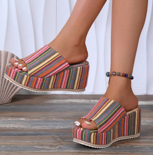 MERIDA STRIPED COLORFUL OPEN TOE PLATFORM FLATFORM WEDGE SANDAL