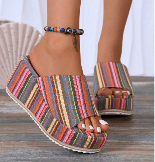 MERIDA STRIPED COLORFUL OPEN TOE PLATFORM FLATFORM WEDGE SANDAL