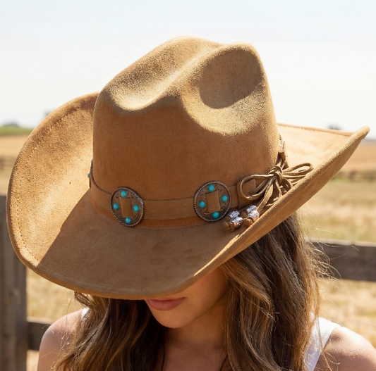 MESQUITE TAN FAUX SUEDE COWBOY HAT WITH MATTCHING BAND EMBELISHED WITH BURNISHED SILVER BROOCHES INSET WITH TURQUOISE STONES