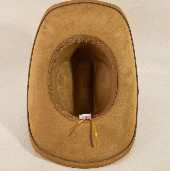 MESQUITE TAN FAUX SUEDE COWBOY HAT WITH MATTCHING BAND EMBELISHED WITH BURNISHED SILVER BROOCHES INSET WITH TURQUOISE STONES