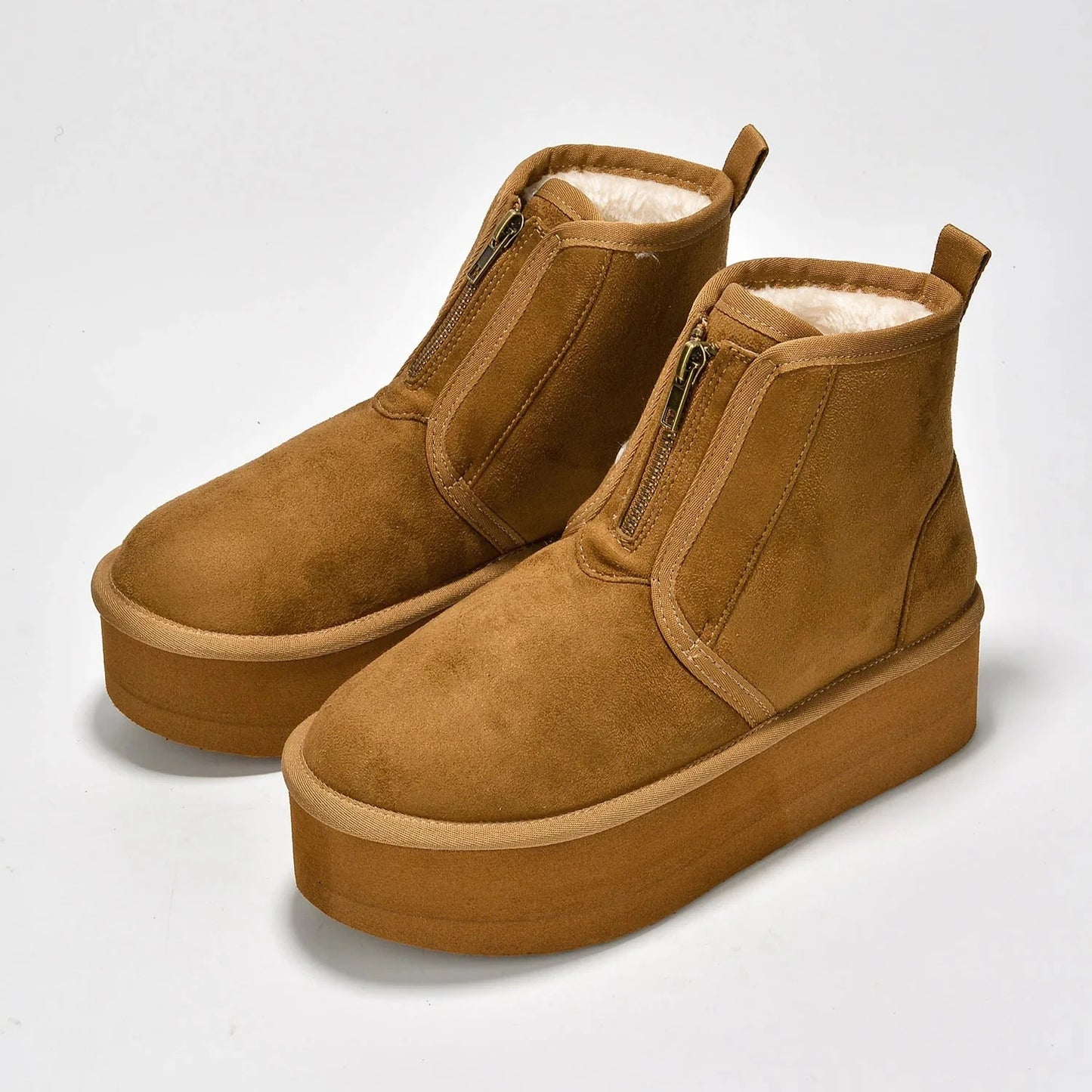 MIANE Camel Tan Faux Suede Zip Up Bootie - Faux Fur Lining