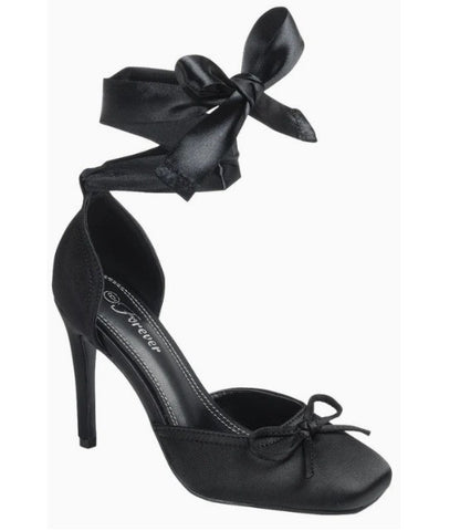 MIRACLE-11 BLACK SATIN TIE UP CLOSED TOE BALLERINA STILETTO HEELS