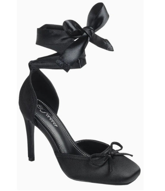 MIRACLE-11 BLACK SATIN TIE UP CLOSED TOE BALLERINA STILETTO HEELS