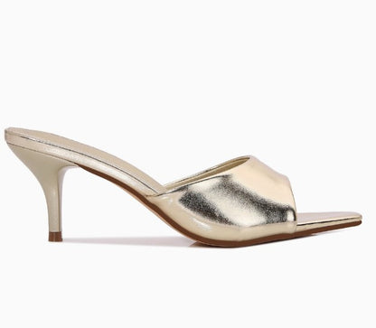 MONROE-05 GOLD METALLIC FAUX LEATHER SLIP ON MULE KITTEN HEEL