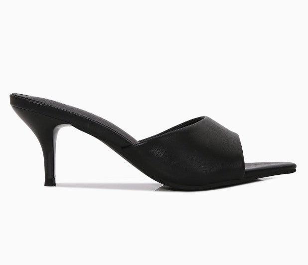 MONROE-05 BLACK FAUX LEATHER SLIP ON MULE KITTEN HEEL