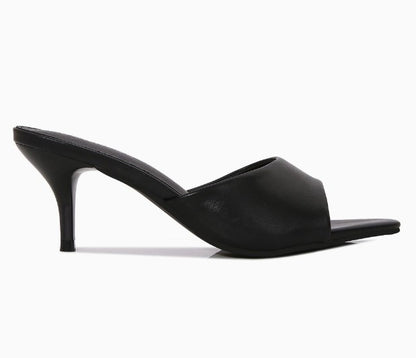MONROE-05 BLACK FAUX LEATHER SLIP ON MULE KITTEN HEEL