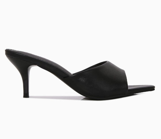 MONROE-05 BLACK FAUX LEATHER SLIP ON MULE KITTEN HEEL