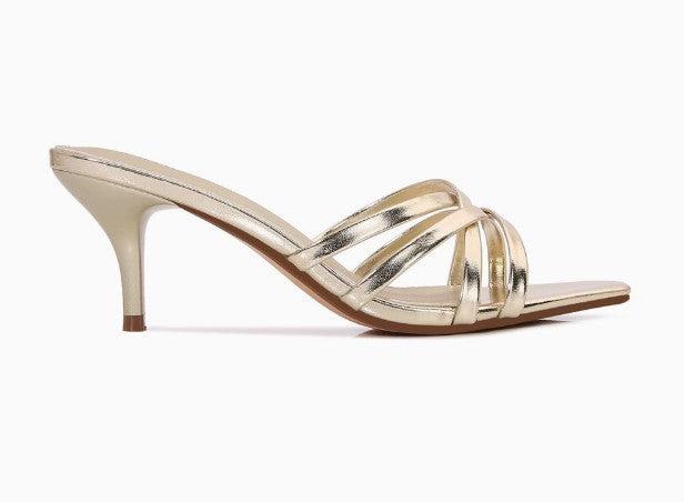MONROE GOLD METALLIC FAUX LEATHER STRAPPY SLIP ON MULE KITTEN HEEL