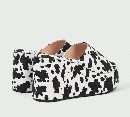MOOVER COWPRINT FABRIC PLATFORM WEDGE SLIP ON MULE OPEN ROUND TOE SANDALS