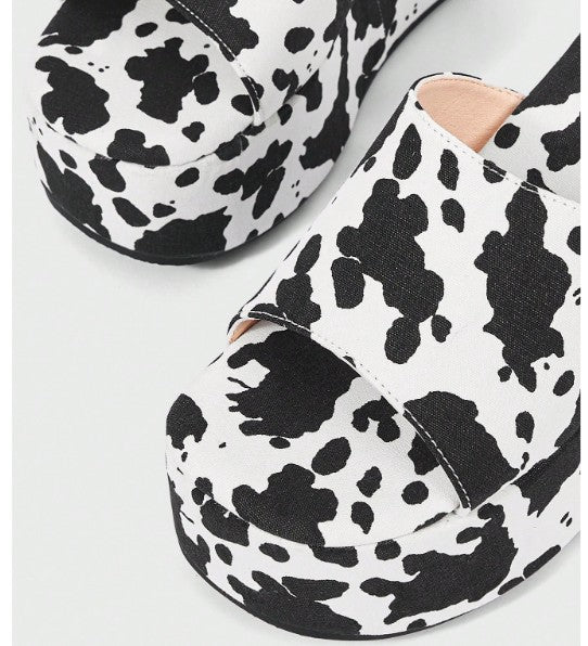 MOOVER COWPRINT FABRIC PLATFORM WEDGE SLIP ON MULE OPEN ROUND TOE SANDALS