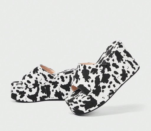 MOOVER COWPRINT FABRIC PLATFORM WEDGE SLIP ON MULE OPEN ROUND TOE SANDALS