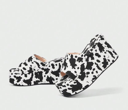 MOOVER COWPRINT FABRIC PLATFORM WEDGE SLIP ON MULE OPEN ROUND TOE SANDALS