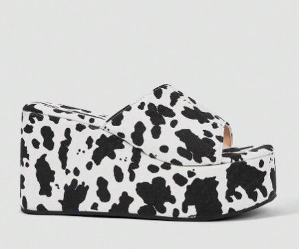 MOOVER COWPRINT FABRIC PLATFORM WEDGE SLIP ON MULE OPEN ROUND TOE SANDALS
