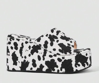 MOOVER COWPRINT FABRIC PLATFORM WEDGE SLIP ON MULE OPEN ROUND TOE SANDALS