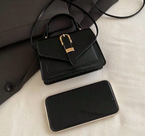 MORGAN BLACK MATTE FAUX LEATHER CROSS BODY BAG WITH GOLD BUCKLE DETAIL