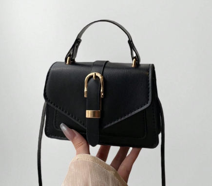 MORGAN BLACK MATTE FAUX LEATHER CROSS BODY BAG WITH GOLD BUCKLE DETAIL