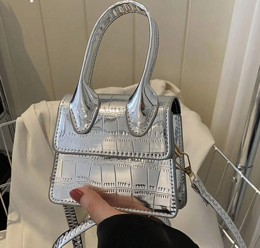 NEDRA SILVER EMBOSSED MINI BAG WITH CROSS BODY STRAP