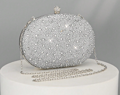 OONA SILVER RHINESTONE OVAL HARD CASE CLUTCH WITH OPTIONAL STRAP