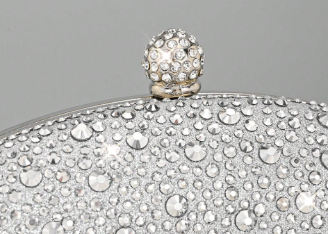 OONA SILVER RHINESTONE OVAL HARD CASE CLUTCH WITH OPTIONAL STRAP
