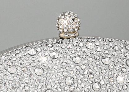 OONA SILVER RHINESTONE OVAL HARD CASE CLUTCH WITH OPTIONAL STRAP