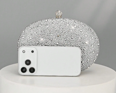 OONA SILVER RHINESTONE OVAL HARD CASE CLUTCH WITH OPTIONAL STRAP