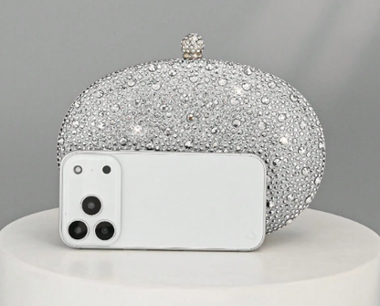 OONA SILVER RHINESTONE OVAL HARD CASE CLUTCH WITH OPTIONAL STRAP