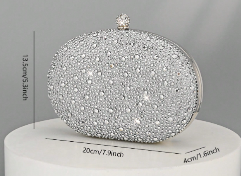 OONA SILVER RHINESTONE OVAL HARD CASE CLUTCH WITH OPTIONAL STRAP