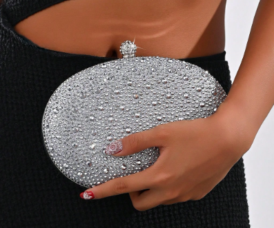 OONA SILVER RHINESTONE OVAL HARD CASE CLUTCH WITH OPTIONAL STRAP
