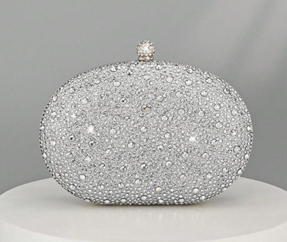 OONA SILVER RHINESTONE OVAL HARD CASE CLUTCH WITH OPTIONAL STRAP