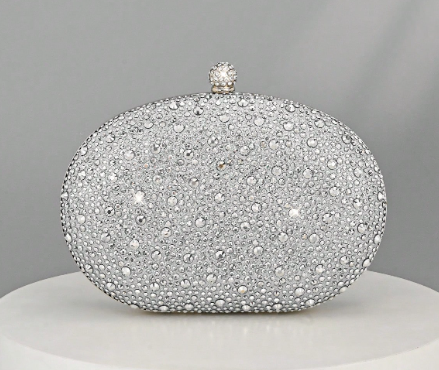 OONA SILVER RHINESTONE OVAL HARD CASE CLUTCH WITH OPTIONAL STRAP
