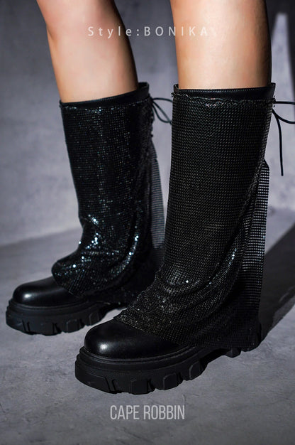 BONIKA Faux Leather Chainmail Sleeve Boot - Chunky Lug Sole & Heel, Approx. 2"