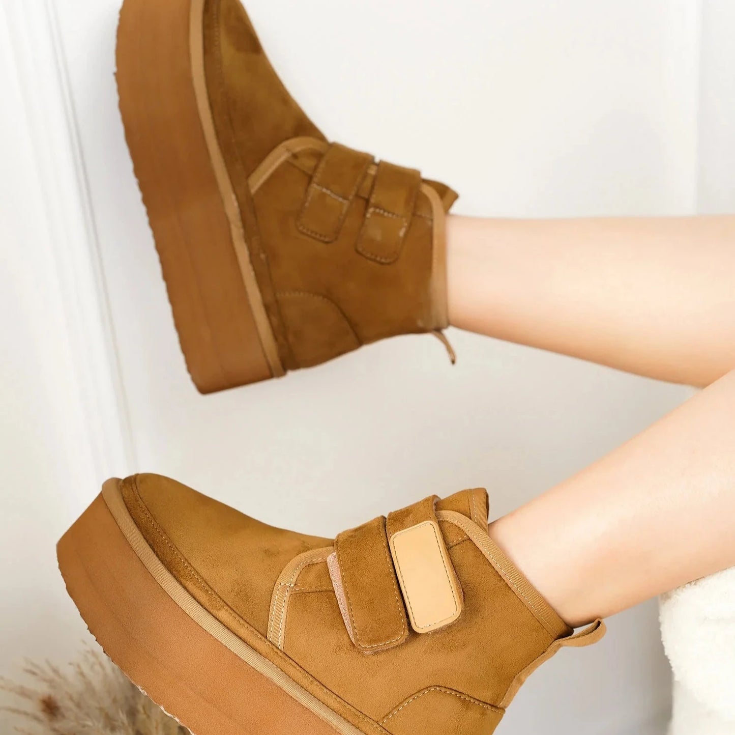 FELIA Camel Tan Faux Suede Strap Closure - Faux Fur Lining