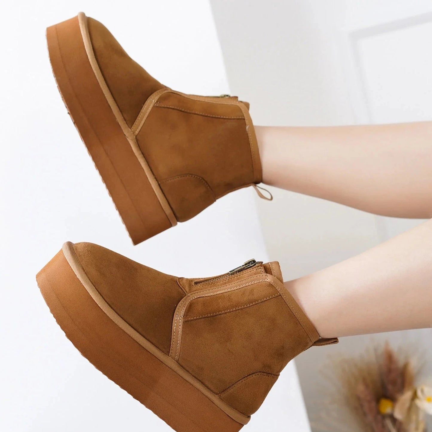 MIANE Camel Tan Faux Suede Zip Up Bootie - Faux Fur Lining