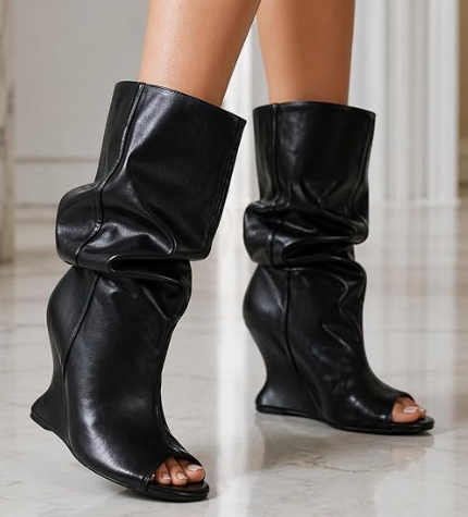 PACO-1 BLACK FAUX LEATHER SLOUCHY OVER THE CALF PEEP TOE BOOT WITH SCULPTED CUT OUT WEDGE HEEL
