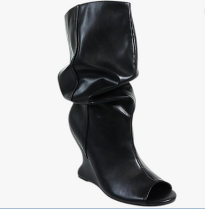PACO-1 BLACK FAUX LEATHER SLOUCHY OVER THE CALF PEEP TOE BOOT WITH SCULPTED CUT OUT WEDGE HEEL