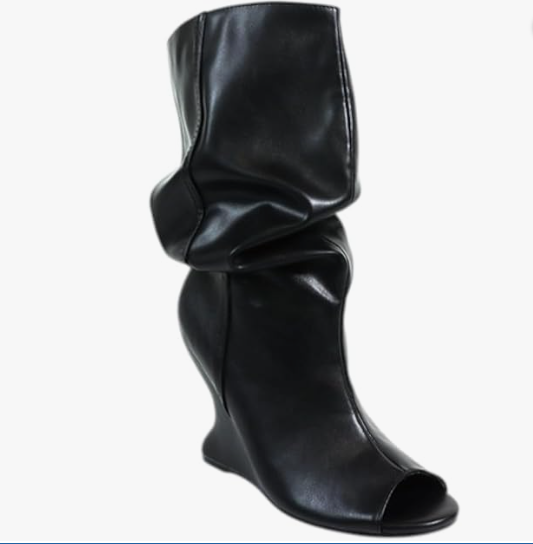 PACO-1 BLACK FAUX LEATHER SLOUCHY OVER THE CALF PEEP TOE BOOT WITH SCULPTED CUT OUT WEDGE HEEL