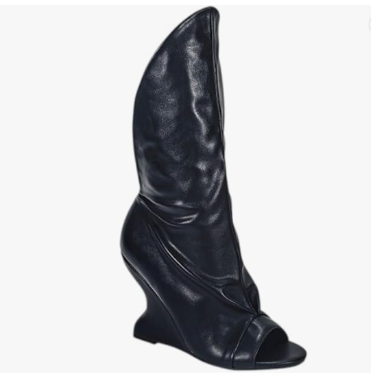 PACO-3 BLACK FAUX LEATHER  PEEP TOE BOOT WITH ASSYMETRICAL SHAFT AND SCULPTED CUT OUT WEDGE HEEL